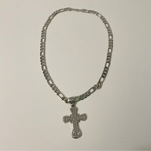MB Silver Figaro Chain Necklace with Cross Pendant